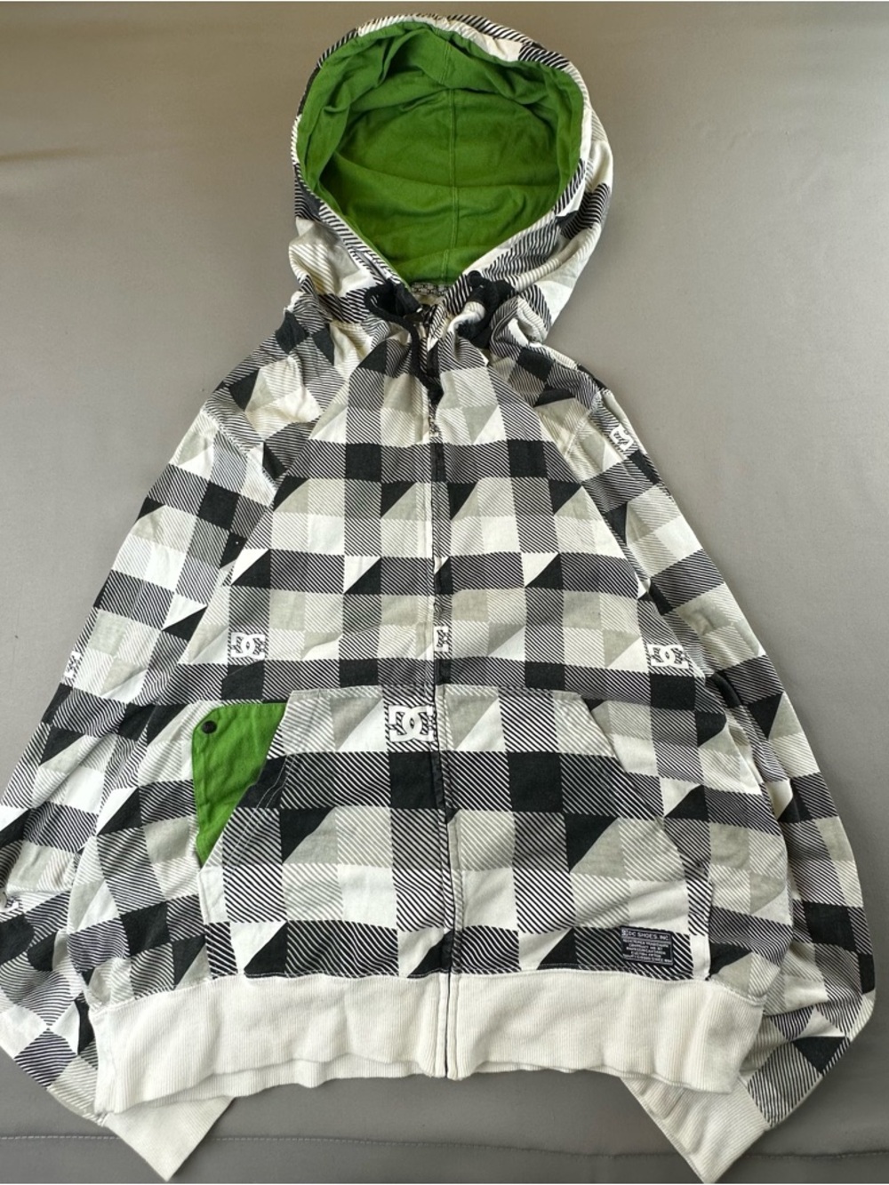 DC Black and White Plaid Hoodie with Green Trim